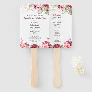 Boho Roses Feathers Lights Wedding Program Hand Fan
