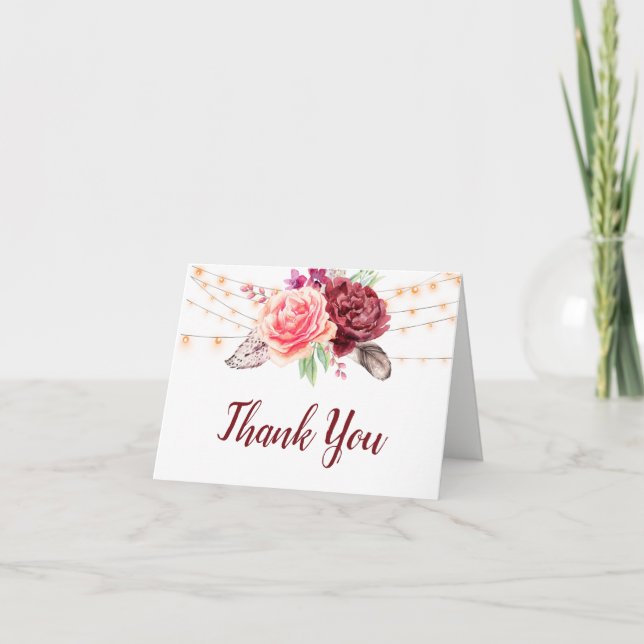 Boho Roses Feathers Lights Wedding Thank You (Front)