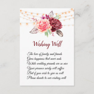 Boho Roses Feathers Lights Wedding Wishing Well Enclosure Card