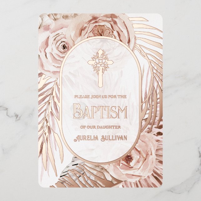 Boho Roses Floral Cross Baptism Foil Invitation (Front)
