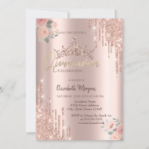 Boho Roses Glitter Crown Drop Quinceañera Invitation