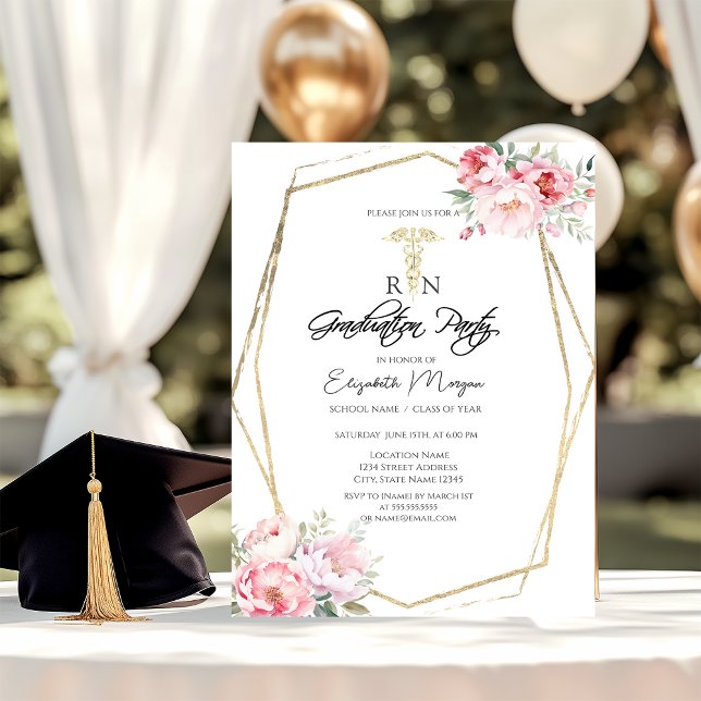 Boho Roses Gold Frame RN Nurse Graduation Party  Invitation (Creator Uploaded)