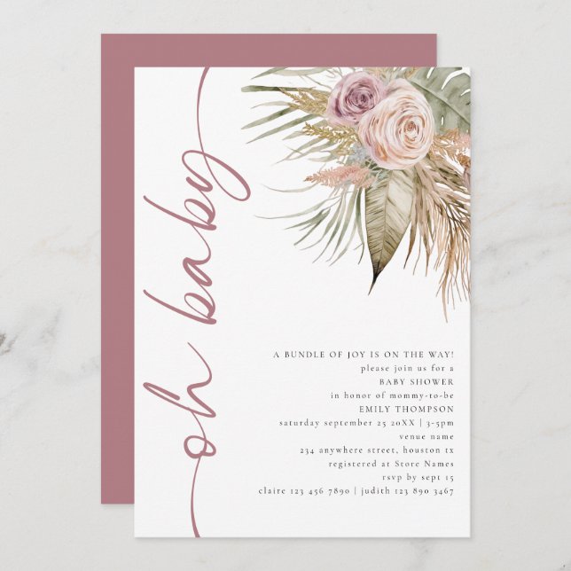Boho Rotated Script Pampas Pink Oh Baby Shower Invitation (Front/Back)