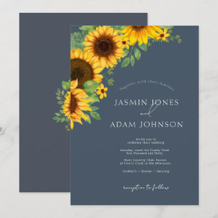 Boho Royal Blue Sunflower Floral Wedding Invitation