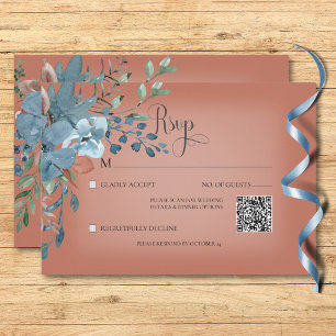 Boho Rust & Blue Floral Wedding Rust QR Code RSVP Card