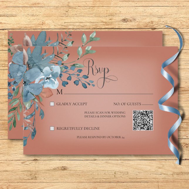 Boho Rust & Blue Floral Wedding Rust QR Code RSVP Card (Boho Rust & Blue Floral Wedding Rust QR Code RSVP Card)