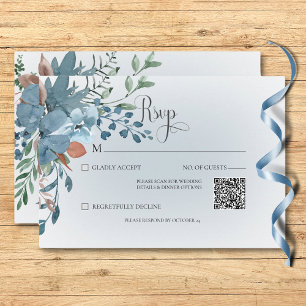 Boho Rust & Blue Floral Wedding White QR Code RSVP Card