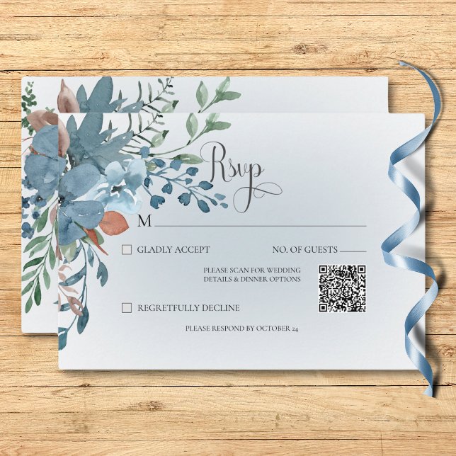 Boho Rust & Blue Floral Wedding White QR Code RSVP Card (Boho Rust & Blue Floral Wedding White QR Code RSVP Card)