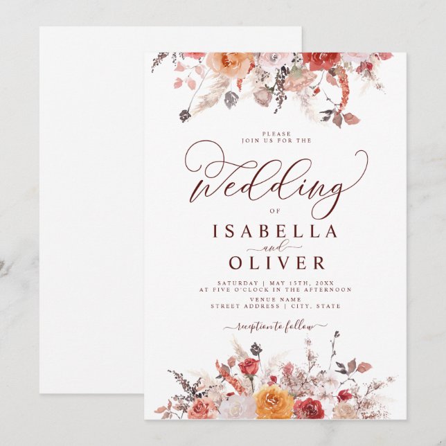 Boho Rust Burnt Orange  Terracotta Marsala Wedding Invitation (Front/Back)