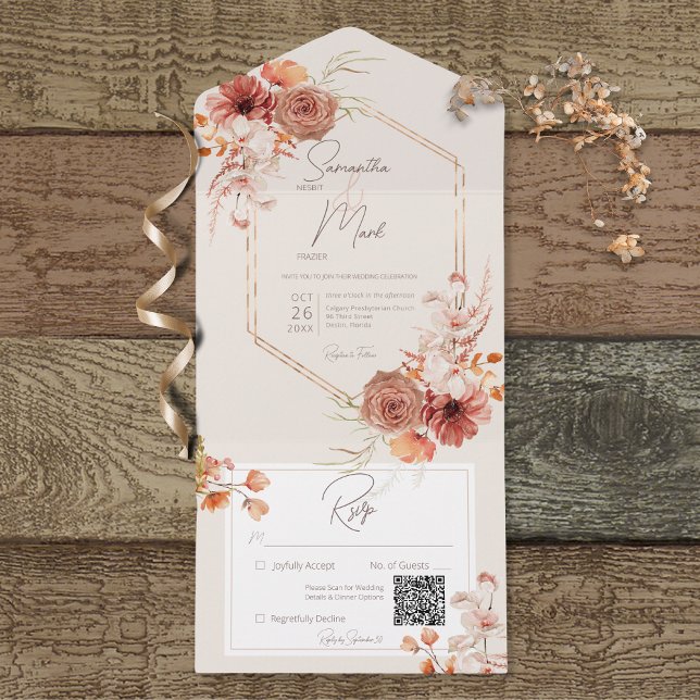 Boho Rust Fall Floral on Cream QR Code All In One Invitation (Creator Uploaded)