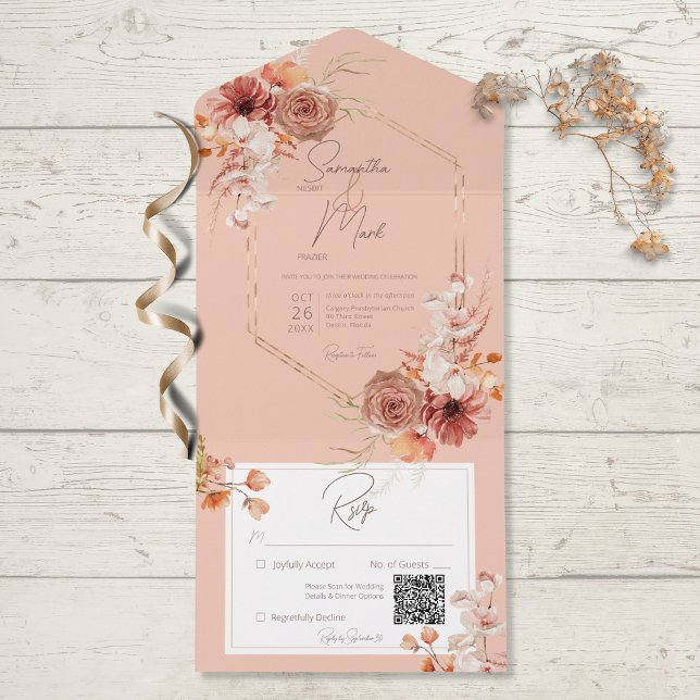 Boho Rust Fall Floral on Peach QR Code All In One Invitation (Creator Uploaded)