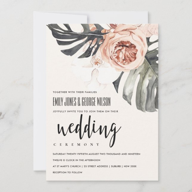 BOHO RUST FLORAL MONSTRERA LEAF WEDDING INVITE (Front)