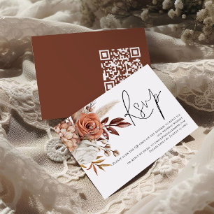 Boho Rust Florals Script QR Code Wedding RSVP Enclosure Card