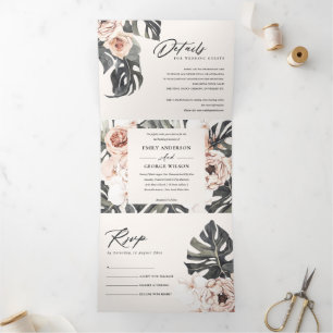 BOHO RUST MONSTERA FLORAL WATERCOLOR WEDDING Tri-Fold INVITATION