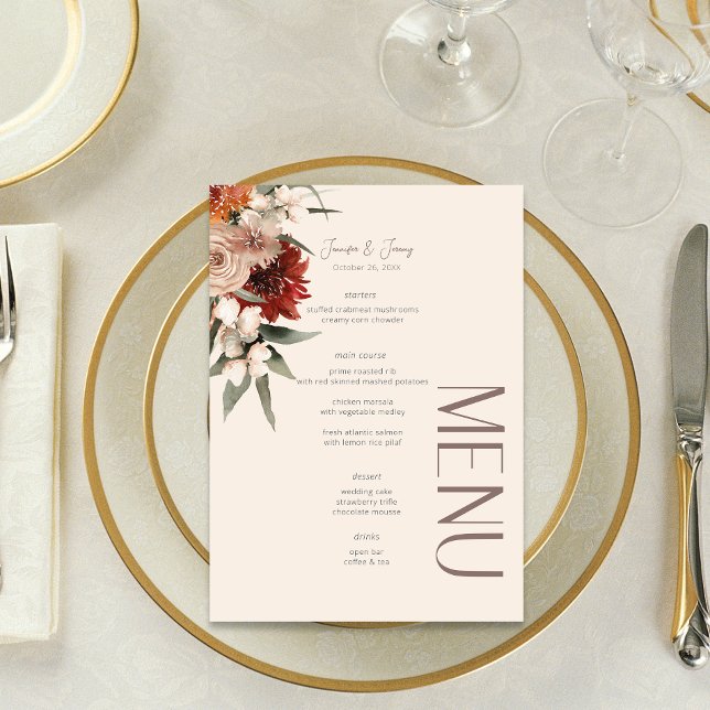 Boho Rust & Neutral Cream Fall Floral Wedding Menu (Creator Uploaded)
