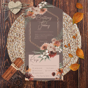 Boho Rust & Neutral Fall Floral Brown Dinner All In One Invitation