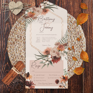 Boho Rust & Neutral Fall Floral Cream Dinner All In One Invitation