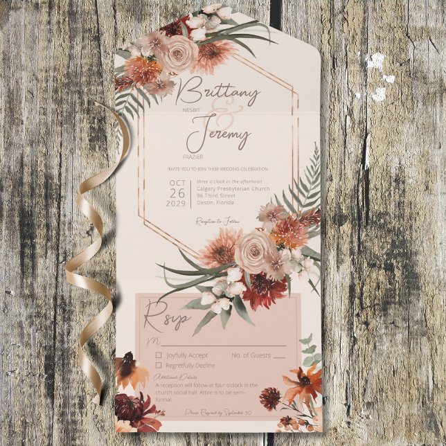 Boho Rust & Neutral Fall Floral Cream w/ Details All In One Invitation (Boho Rust & Neutral Fall Floral Cream w/ Details All In One Invitation)