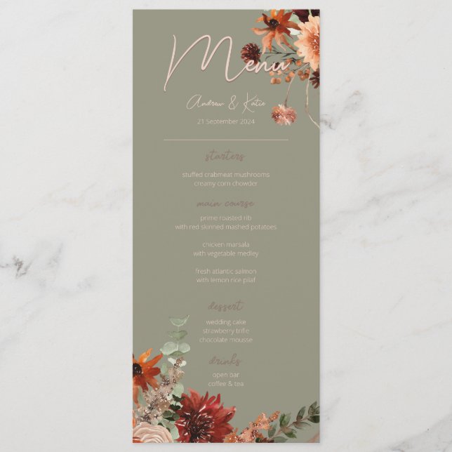 Boho Rust & Neutral Fall Floral Green Wedding IV Menu (Front)