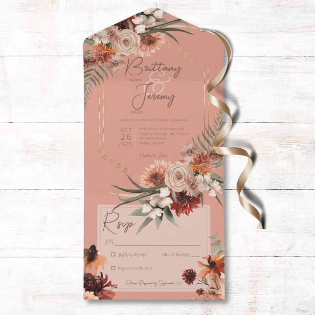 Boho Rust Neutral Fall Floral Peach Rust No Dinner All In One Invitation (Also available with a QR code or with dinner selection options.)