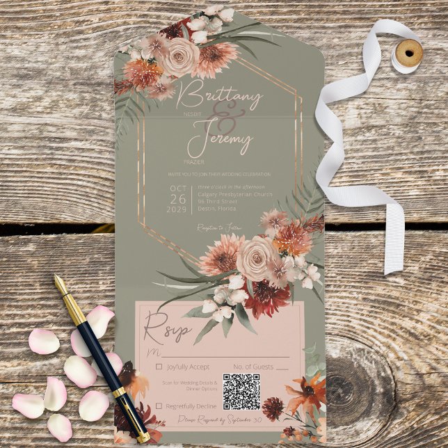 Boho Rust & Neutral Fall Floral Sage Green QR Code All In One Invitation (Creator Uploaded)
