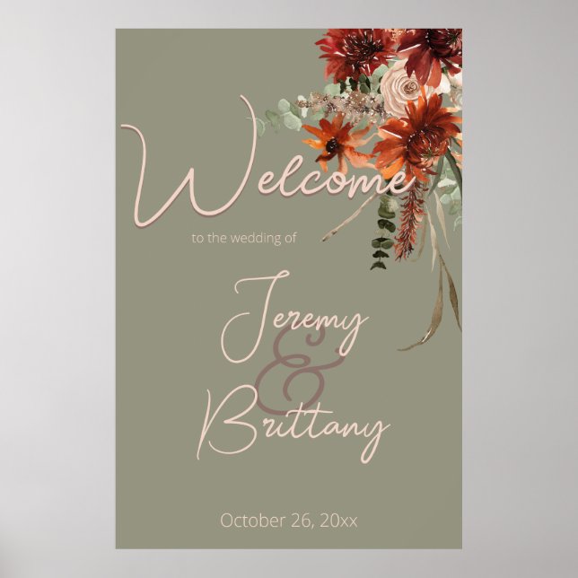 Boho Rust & Neutral Fall Floral Sage Green Wedding Poster (Front)