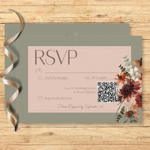 Boho Rust & Neutral Fall Floral Sage Green Wedding RSVP Card