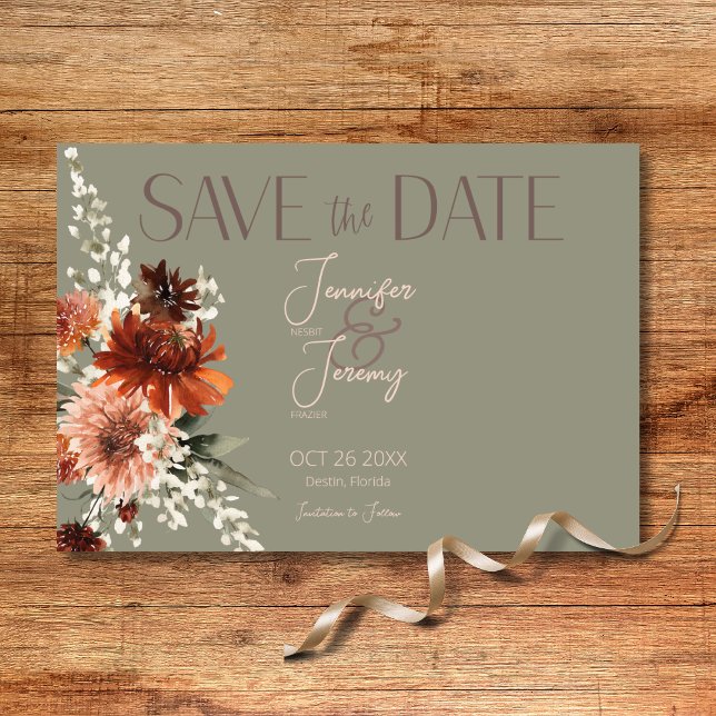 Boho Rust & Neutral Fall Floral Sage Green Wedding Save The Date (Creator Uploaded)