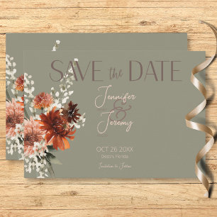 Boho Rust & Neutral Fall Floral Sage Green Wedding Save The Date