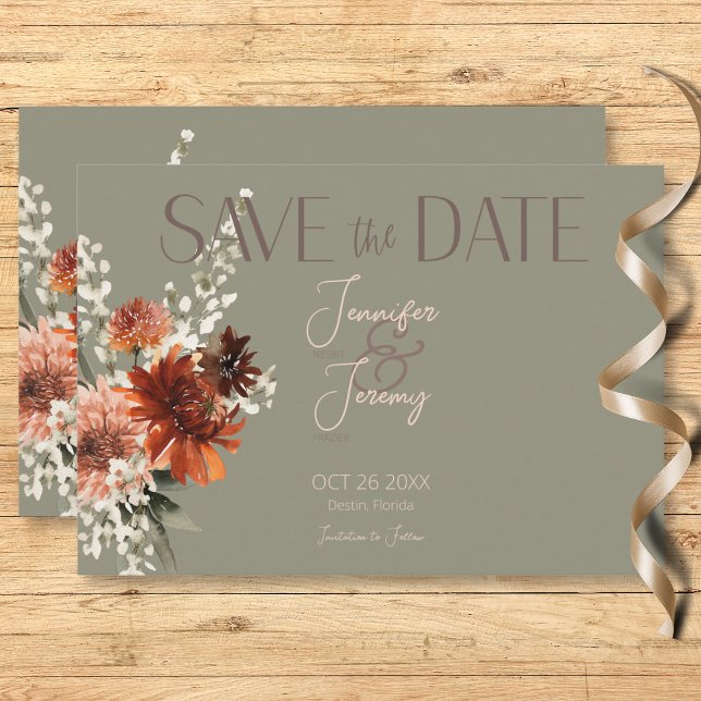Boho Rust & Neutral Fall Floral Sage Green Wedding Save The Date (Boho Rust & Neutral Fall Floral Sage Green Wedding Save The Date Card)
