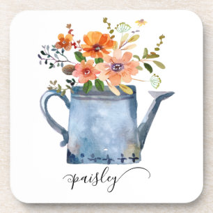 Boho Rust Orange Watercolor Flowers Watering Can Coaster