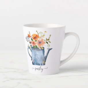Boho Rust Orange Watercolor Flowers Watering Can Latte Mug