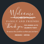 Boho Rust Welcome to Our Wedding Classic Round Sticker<br><div class="desc">Boho rust stickers are a great way to welcome your guests and to thank them for coming to your wedding celebration. They read: Welcome family and friends. Thank you for joining us to celebrate today. It means the world to us that you are here. Customize with your names. Contact me...</div>