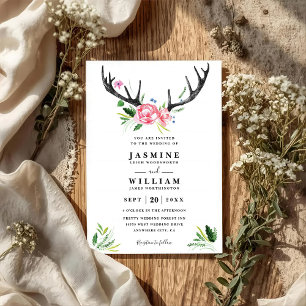 Boho Rustic Antlers Elegant Chic QR Code Wedding Invitation
