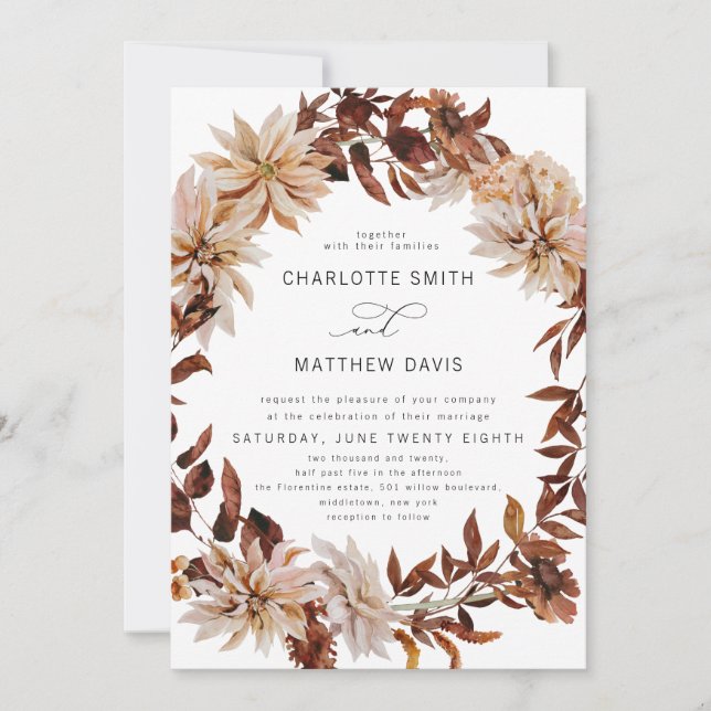 Boho Rustic Autumn Fall Floral Wreath Wedding Invitation (Front)