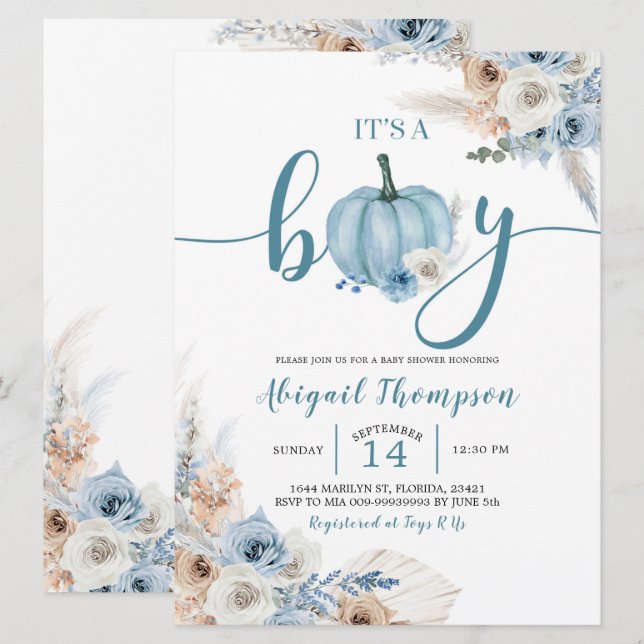 Boho Rustic Blue Pumpkin It's a boy Fall Baby Invitation (Front/Back)