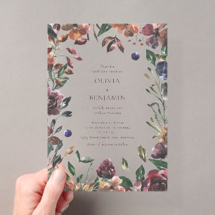 Boho Rustic Botanical Burgundy Border Wedding Acrylic Invitations