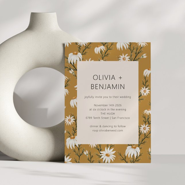 Boho Rustic Daisy Floral Mustard Yellow Wedding Invitation (Creator Uploaded)