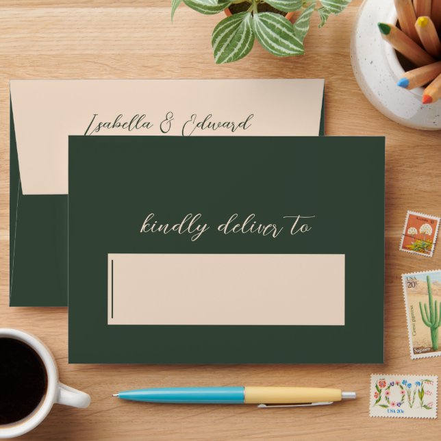 Boho Rustic Dark Green Simple Modern Script Envelope (Desk)