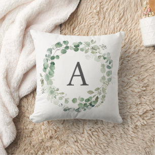 Boho Rustic Eucalyptus Wreath Monogram Throw Pillow