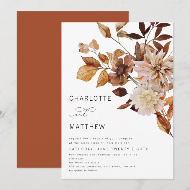 Boho Rustic Fall Floral Burnt Orange Wedding Invitation (Front/Back)