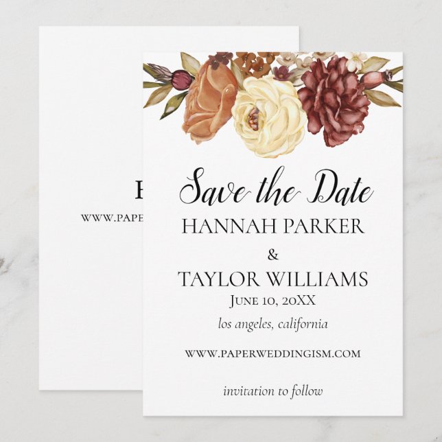 Boho Rustic Fall Watercolor Floral Save The Date (Front/Back)