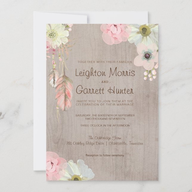 Boho Rustic Feather and Floral Wedding Invitation (Front)