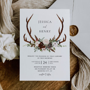 Boho Rustic Floral Antlers Wedding Invitation