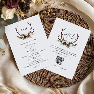 Boho Rustic Floral Antlers Wedding QR Code Invitation