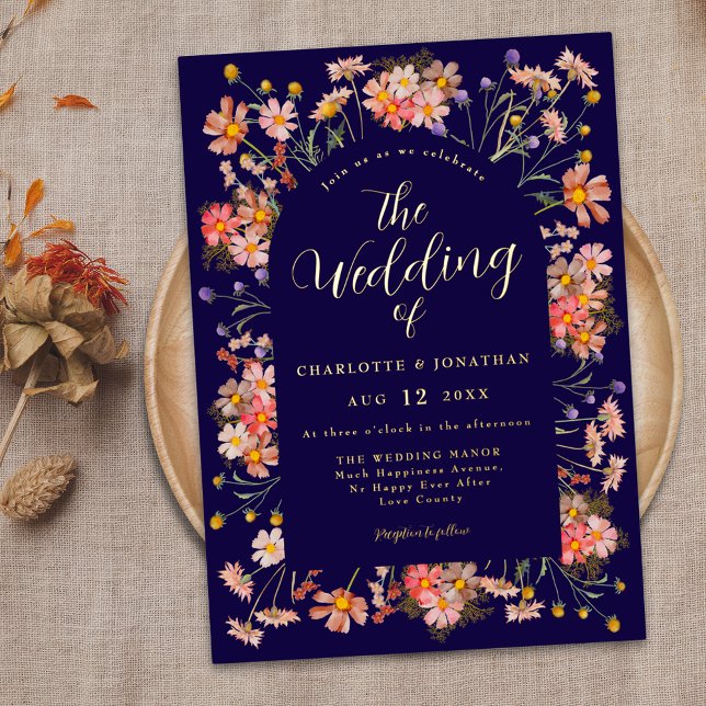 Boho Rustic Floral Arch Fall Wedding Gold (rustic floral elegant navy blue gold foil script fall wedding invitation Watercolor wild flowers)
