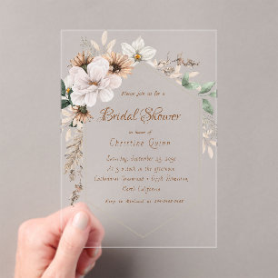 Boho Rustic Floral Bridal shower Acrylic Invitations