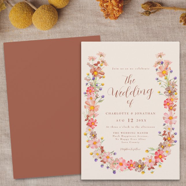 Boho Rustic Floral Fall Wedding Invitation (Boho fall floral burnt orange beige wedding invitation with qr code Watercolor wildflower wreath)