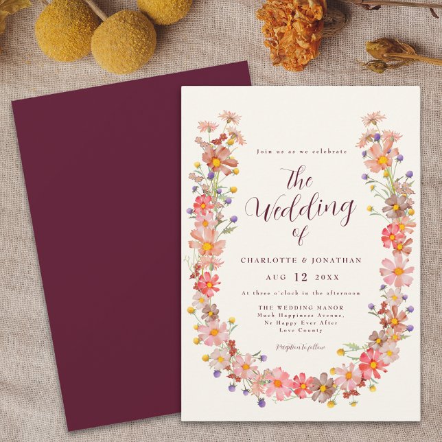 Boho Rustic Floral Fall Wedding Invitation (Boho rustic floral arch fall wedding Invitation burgundy cream ivory watercolor wildflower wreath)