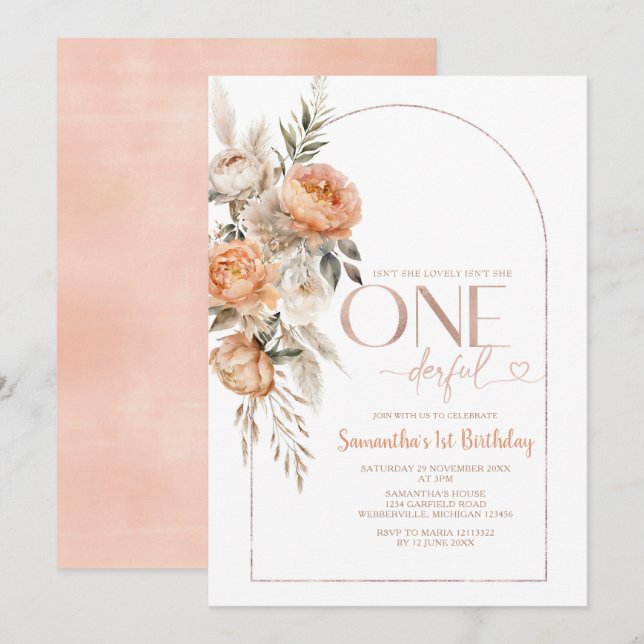Boho Rustic Floral Isn't She Onederful Birthday Invitation (Front/Back)